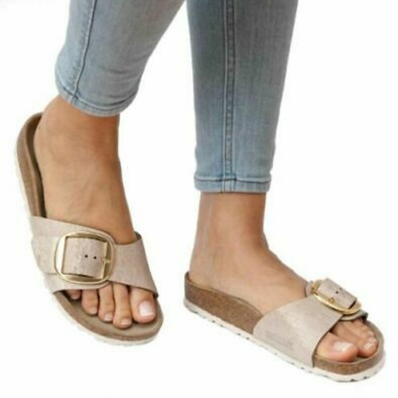 birkenstock madrid big buckle metallic rose gold